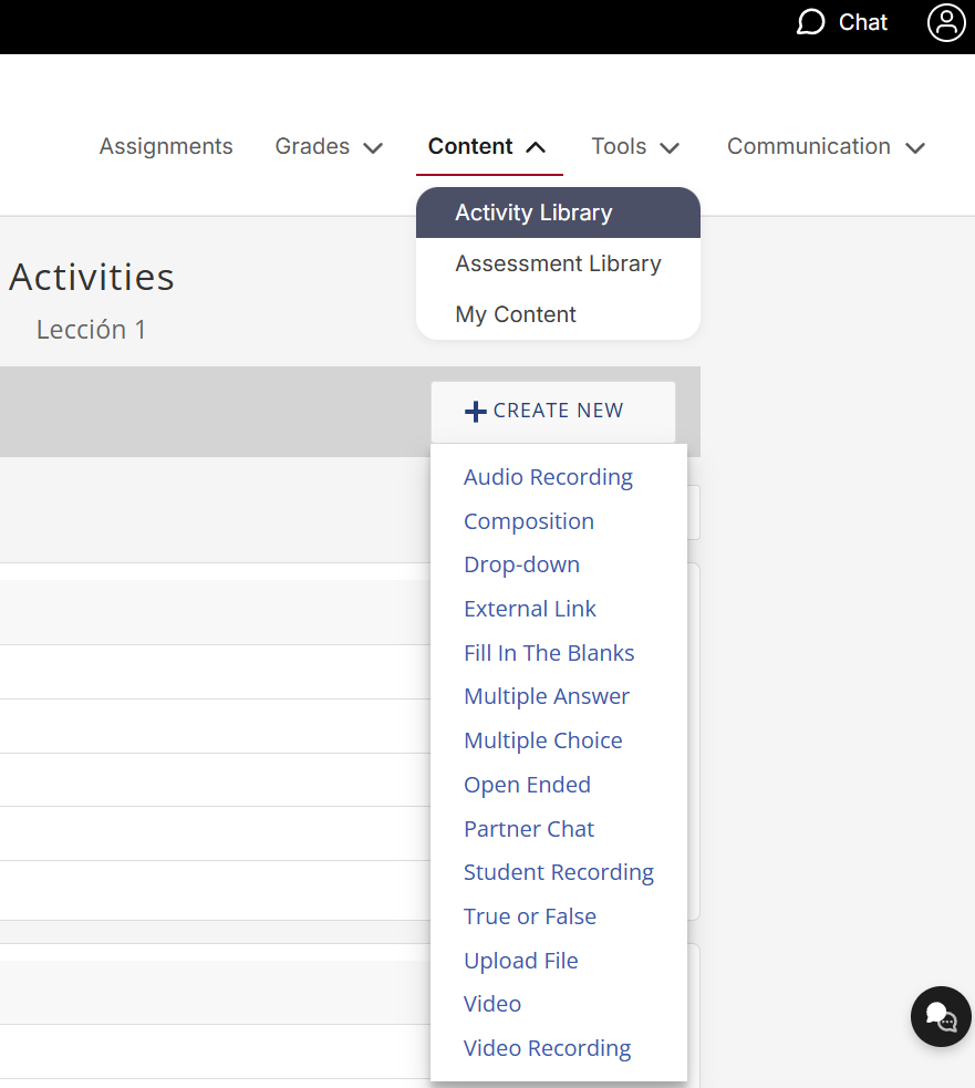 VHL Central Content menu expanded with Activity Library selected.  The "+ CREATE NEW” drop-down menu displays a vertical list of activity types.