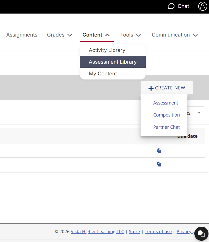 VHL Central Content menu expanded with Assessment Library selected.  The "+ CREATE NEW” drop-down menu displays three activity types.
