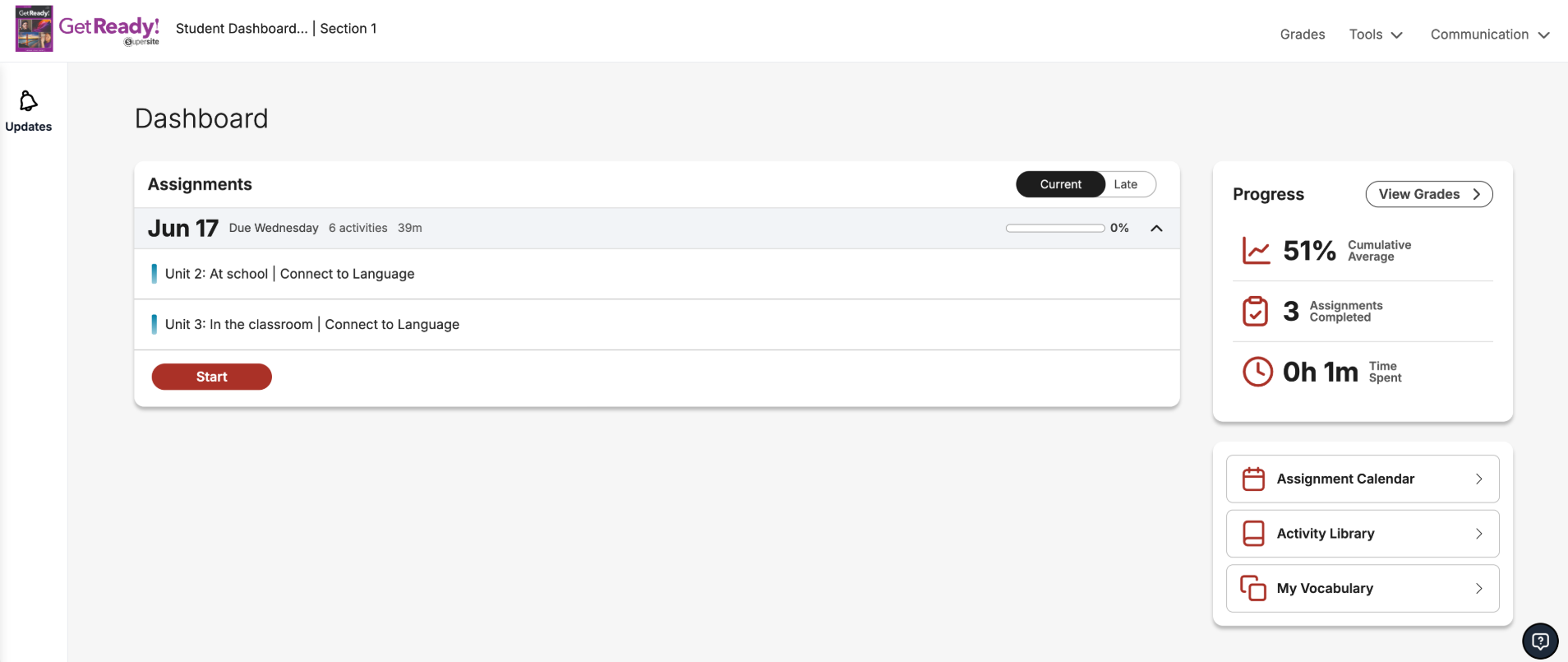 Student dashboard displaying the Current and Late tabs (Current tab being selected) within the assignments’ header.  Current assignments are chronologically organized by due date.  June 17 is expanded, showing activities for “Unit 2” with a 0% progress bar and a “Start” button.