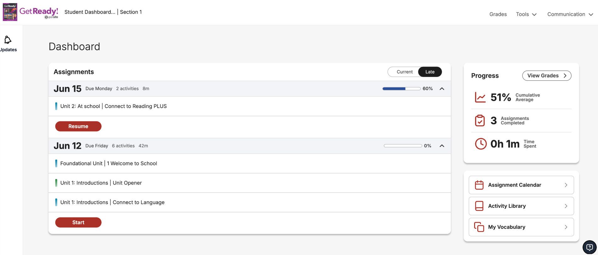Student dashboard displaying the Current and Late tabs (Late tab being selected) within the assignments’ header.  Late assignments are chronologically organized by due date.  June 15 is expanded, showing activities for “Unit 2” with a 60% progress bar and a “Resume” button. Additional dates (June 12) showing three Unit 1 activities with a “Start” button.