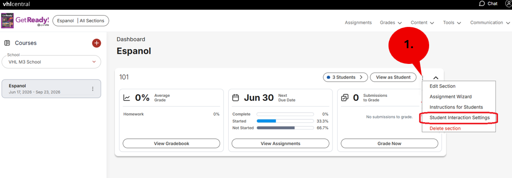 A dashboard interface showing course management tools, student interaction settings, and no assignments due for a section.