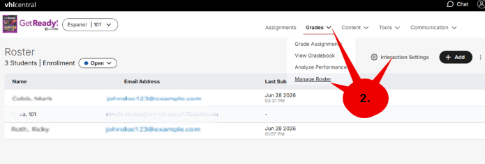 A web dashboard lists student names, emails, and last submission dates for October 14, 2025, with options to manage students.