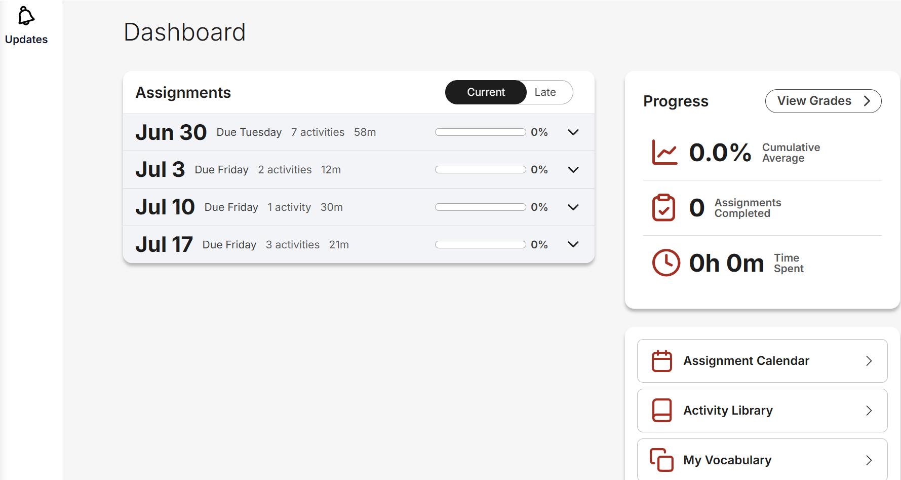 A course dashboard lists assignments, and activities with due dates, showing grades available.