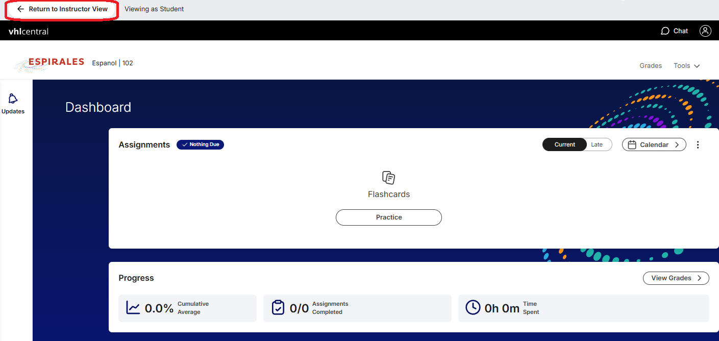 Sample student page with a navigation bar at the top. In the top left corner, a red outline highlights a link labeled ‘Return to instructor view,’ indicating the option to return to the instructor view.