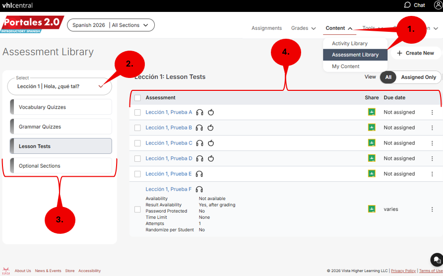 VHL Central Portales 2.0 Assessment Library page focusing on Lesson Tests for Lección 1 Hola, ¿qué tal?  - listing 6 tests.  There are four callouts: 1. Content menu with the Assessment Library chosen. 2. Lesson drop-down menu. 3. Chosen the section called Lesson Tests – out of 3 other assessment available sections: vocabulary quizzes, grammar quizzes and Optional Section. 4. The lesson table of contents displaying six tests.