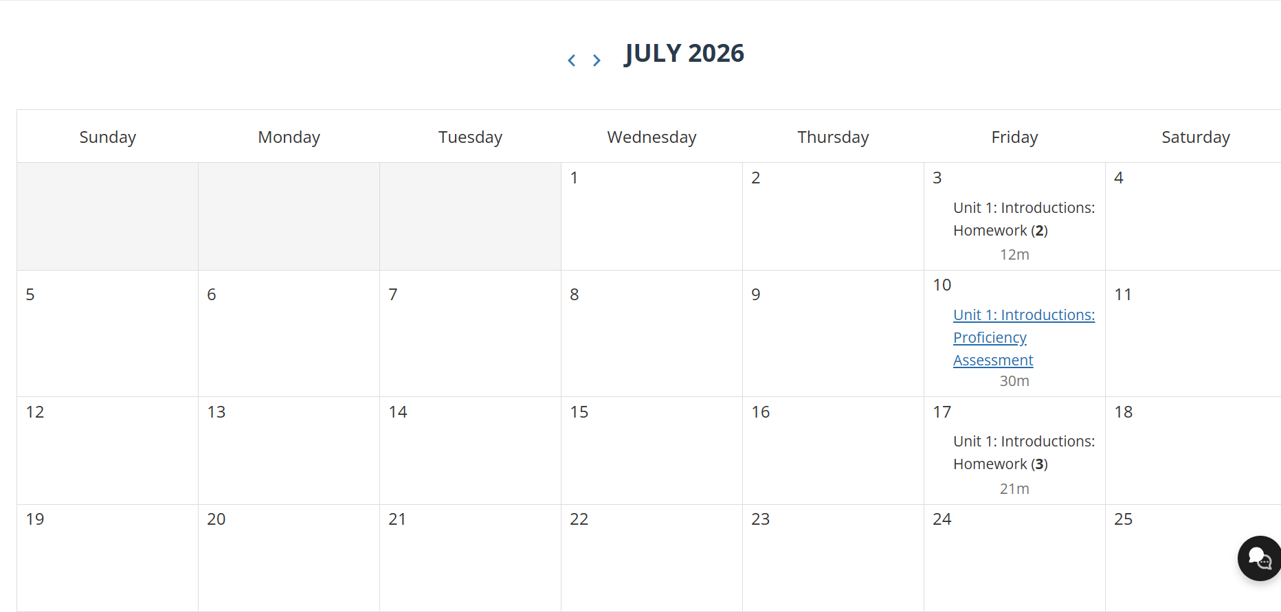 Screenshot of the Supersite course Calendar for July 2026 showing a monthly grid view. Due dates appear on specific days as clickable links.