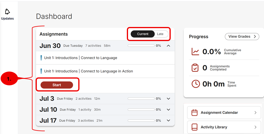 Course dashboard focusing on the “Assignments” section with June 30 expanded to show Unit 1 activities and a highlighted “Start” button. Additional assignment dates (July 3, 10, and 17) are listed below.  The Current and Late tabs are highlighted.