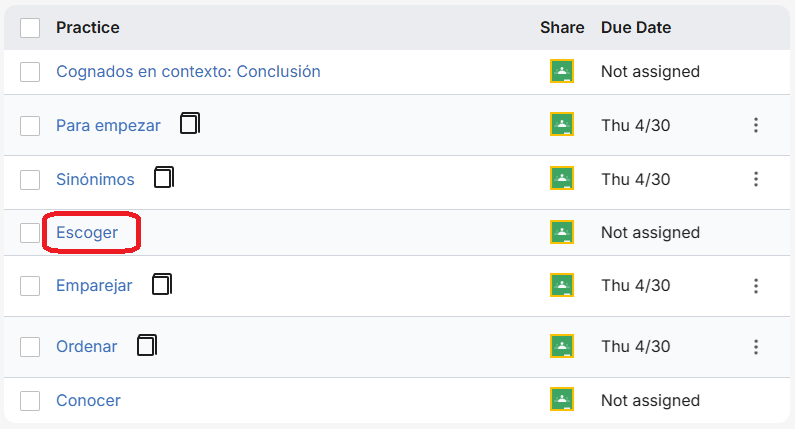 VHL Central Practice activities list with the Escoger activity highlighted and a tooltip showing it is a Drop-down activity worth 10 points.