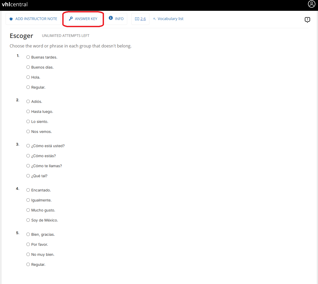 VHL Central Escoger activity page with the Answer Key button highlighted in the toolbar.