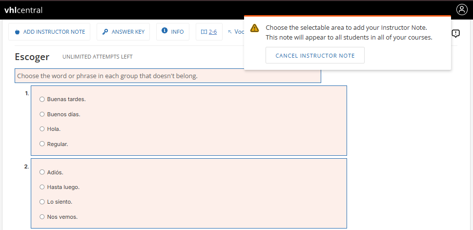 VHL Central activity page with Add Instructor Note button highlighted and a tooltip explaining the note will appear to all students.