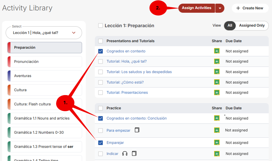 VHL Central Activity Library page for Lección 1 Contextos with multiple Presentation Tutorials and Practice activities selected.  The Assign Activities button, located on the top-right side of page, is called out.