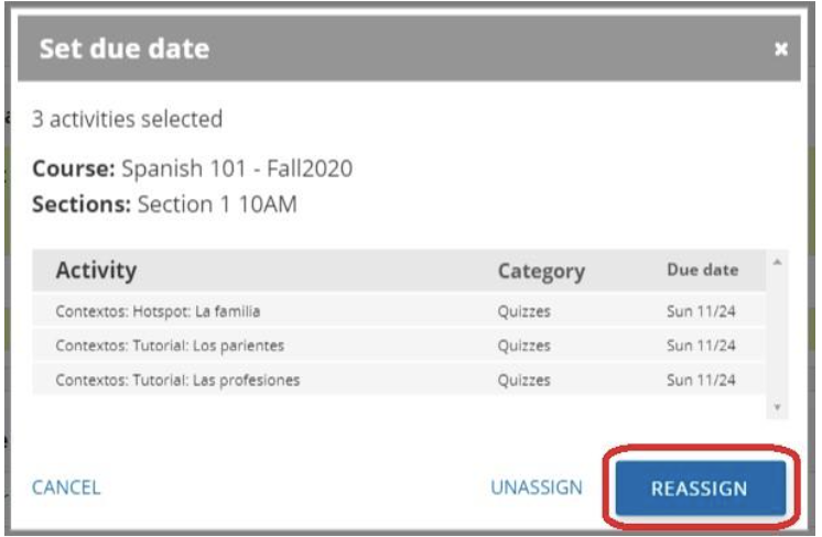Set Due Date dialog showing 3 selected activities for Spanish 101 with the Reassign button highlighted.