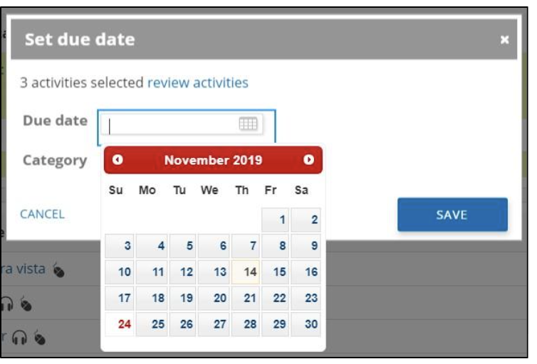 Set Due Date dialog with a November 2019 calendar picker open for selecting a due date.