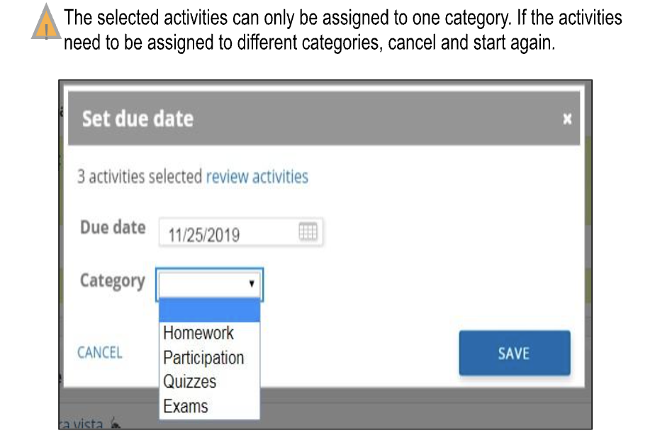 Set Due Date dialog with due date 11/25/2019 set and the Category dropdown open showing Homework, Participation, Quizzes, and Exams options.