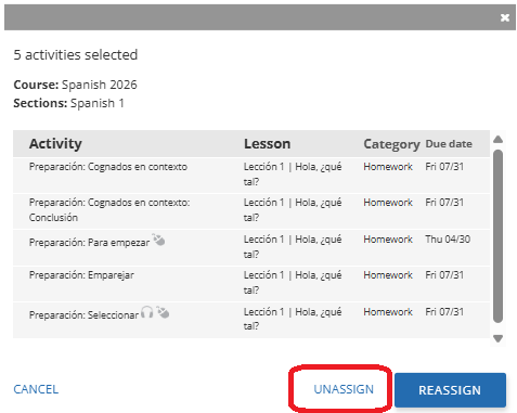A dialog window is displayed showing 5 activities selected for a course. The top section identifies the Course: Spanish 2026 and Section: Spanish 1. Below is a table listing assigned activities with columns for Activity, Lesson, Category, and Due Date. Several activities are shown, all categorized as Homework, with due dates including Fri 07/31 and Thu 04/30. A vertical scroll bar indicates additional activities are available. At the bottom of the dialog are three options: CANCEL, UNASSIGN, and a blue REASSIGN button. The UNASSIGN button is highlighted, indicating the option to remove the selected assignments.