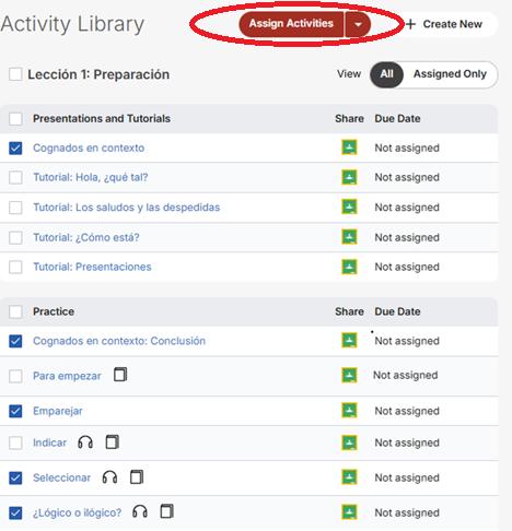 VHL Central Activities page with the Assign Selected button highlighted and one activity checked.
