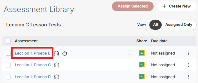 VHL Central Lesson Test highlighting Lession 1, Test B, along with two other assessments on the list.
