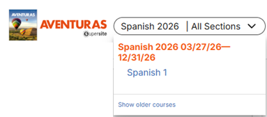 Screenshot of the course/section drop-down menu.