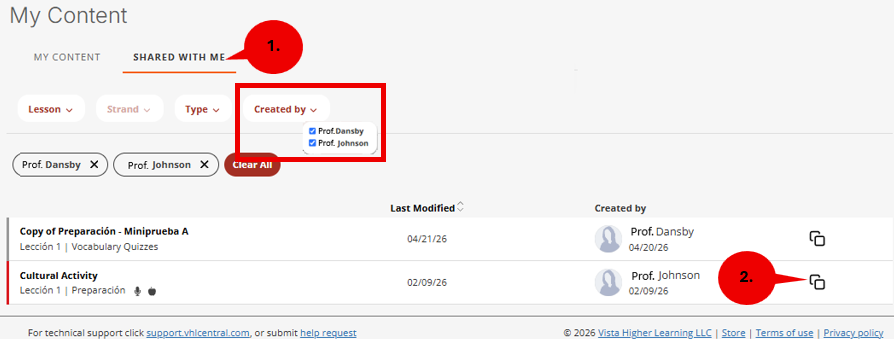 Screenshot of the My Content > Shared With Me page. A numbered callout highlights the Created by filter drop-down menu, which is expanded to display a list of educators with selectable checkboxes. Selected educator names appear as filter tags below the menu. A second numbered callout points to the Copy icon displayed next to shared activities in the content list. The table includes columns for activity title, last modified date, and creator, demonstrating how users can filter shared content by creator and copy activities into their own Instructor Content library.