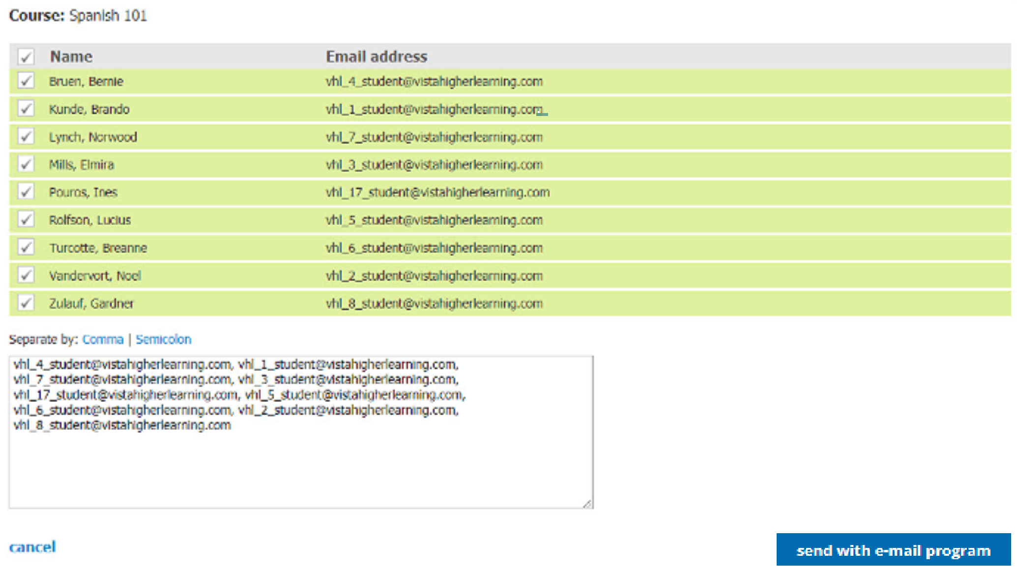 List of students in Spanish 101 with names and corresponding email addresses displayed, with options to email them using commas or semicolons.