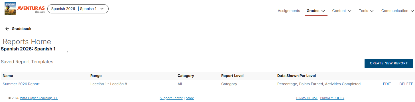 creenshot of the Reports Home page within the gradebook for the course Spanish 2026: Spanish 1. The page displays a table of saved report templates with columns for Name, Range, Category, Report Level, and Data Shown Per Level. One saved template, Summer 2026 Report, is listed and covers Lección 1 – Lección 8. A Create New Report button appears in the upper-right corner, and Edit and Delete options are available for the existing report template. The image demonstrates the Reports Home area where instructors can create, view, and manage saved gradebook reports.