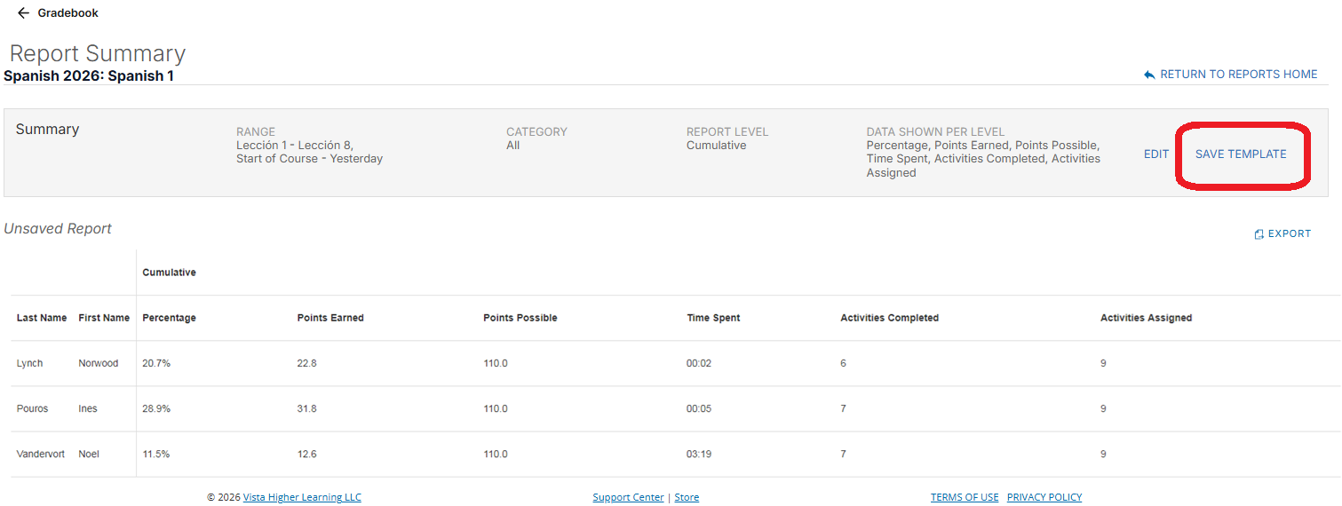 A screenshot displays a report summary with user performance data, including scores, time spent, and activities completed.
