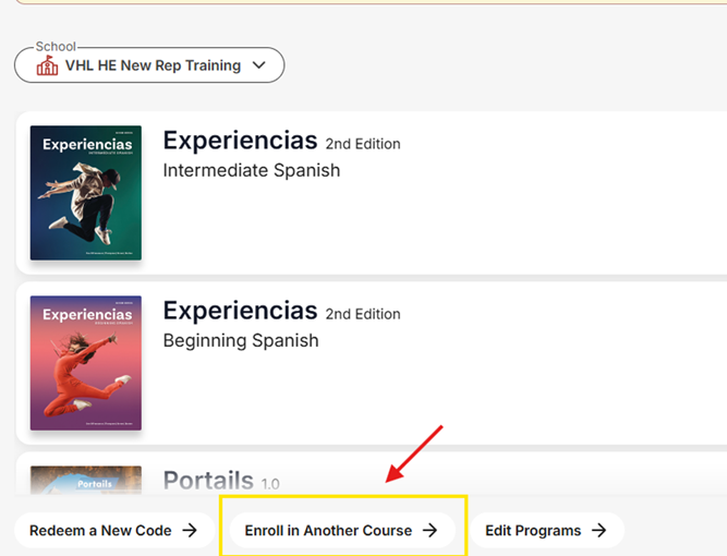 Online course platform displays Spanish and French programs, with options to redeem codes, enroll, and edit content, highlighting Experiencias.