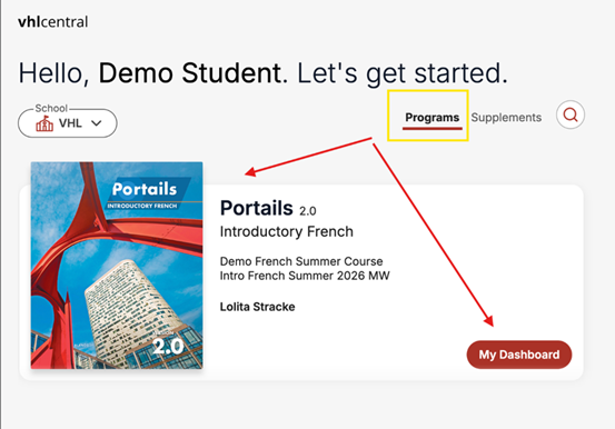 Student accesses dashboard for Introductory French courses, including Portails 2.0 and Demo French Summer, under French teacher's instruction.