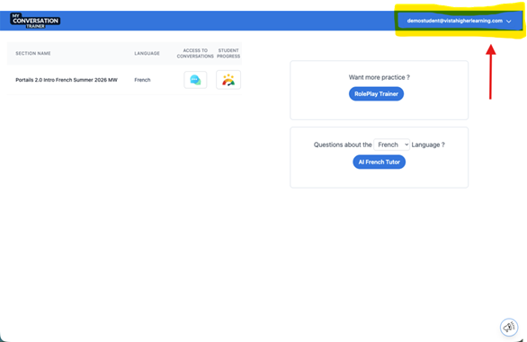 A student accesses a French language course dashboard, viewing practice options, roleplay trainer tools for conversation improvement, and account menu.