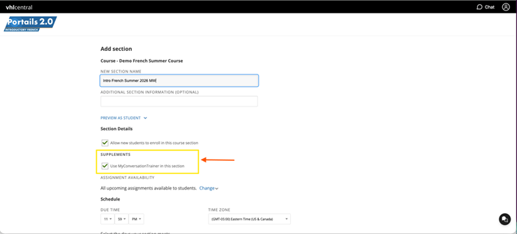 Educator configures a new section for a French summer course, enabling student enrollment and supplement access, including conversation trainer.