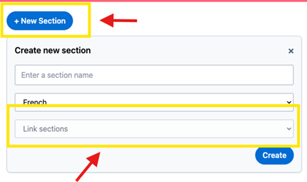 User selects "French" as the course language in a web interface to create and link a new section labeled "Create new section."