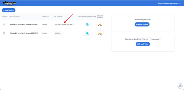 A language learning platform displays course sections, practice prompts, and tutor options for French, supporting student engagement and practice.