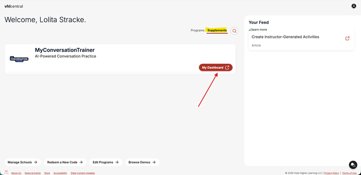 An educator accesses MyConversationTrainer to practice AI-powered conversations and manage educational programs on vhlcentral.