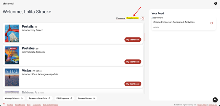 An educator views a Home listing French and Spanish language programs, and options to manage schools, redeem codes., edit programs, or browse Demos.