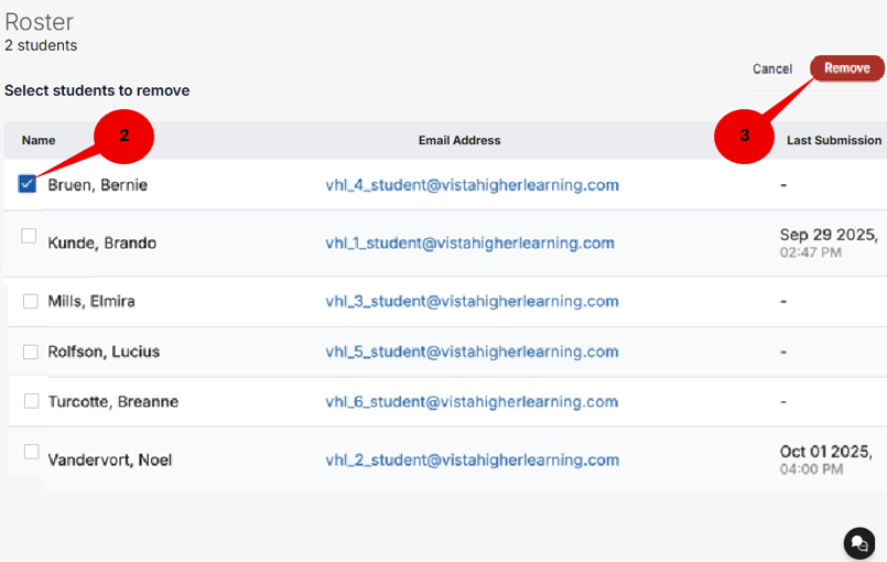 Screenshot of the Roster page showing 2 students enrolled in a course. The page displays a table with columns for Name, Email Address, and Last Submission. A checkbox next to the student Bruen, Bernie is selected, indicating the student has been chosen for removal. Red instructional callout 2 highlights the student selection checkbox, and red callout 3 points to the Remove button in the upper-right corner. Additional students remain unselected in the roster list. The page includes a Cancel option next to the Remove button, guiding users through the process of removing a student from the roster.