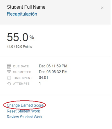 A screenshot displays a student's recap score of 55%, 44/80 points, with submission details and options to review or reset work.