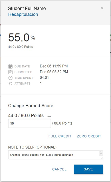 A webpage screenshot shows Leilani Bechtelar's recap with 44/80 points earned, submission details, and extra points granted.