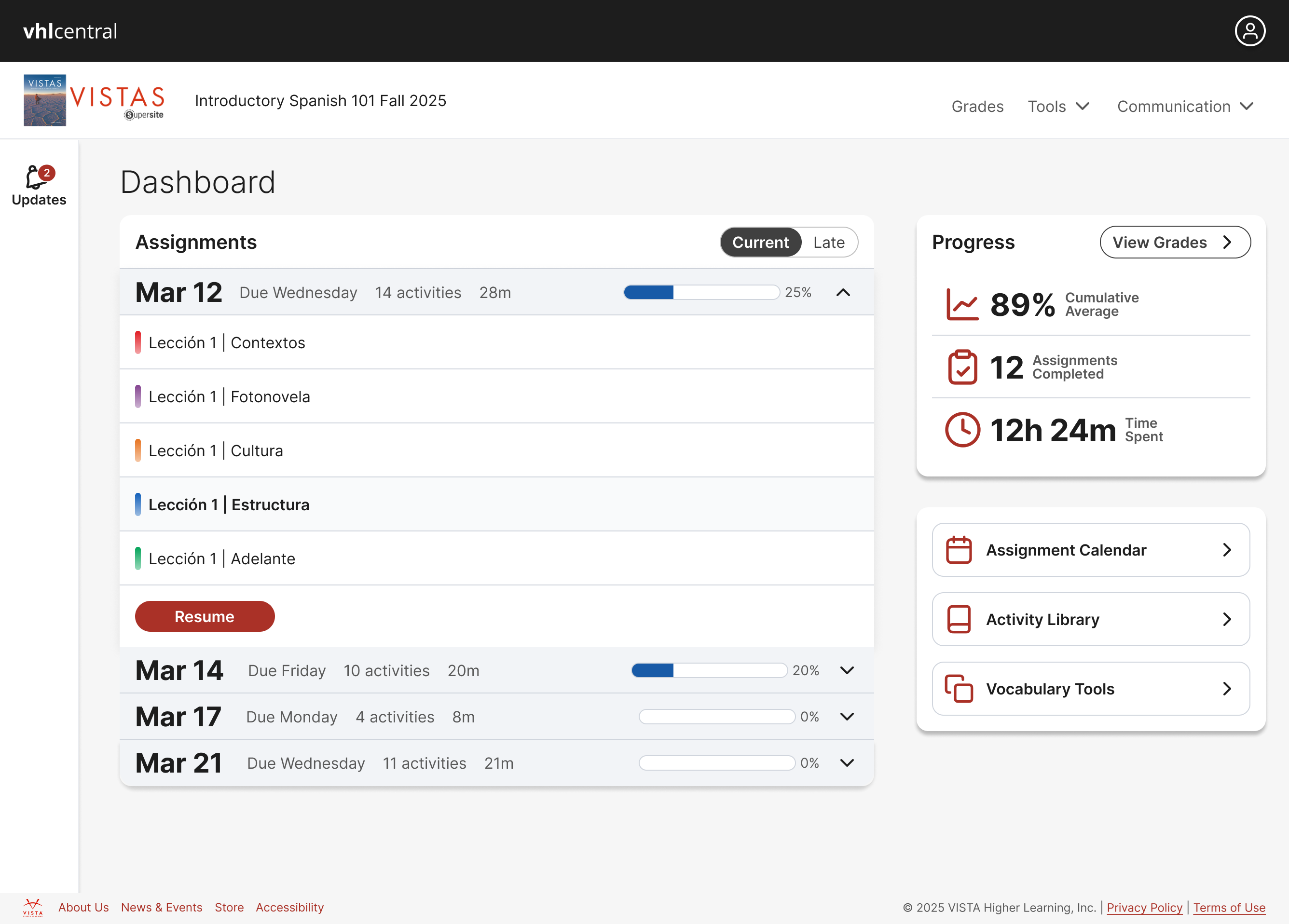 Screenshot of the updated Student Dashboard for a Vistas course. 
