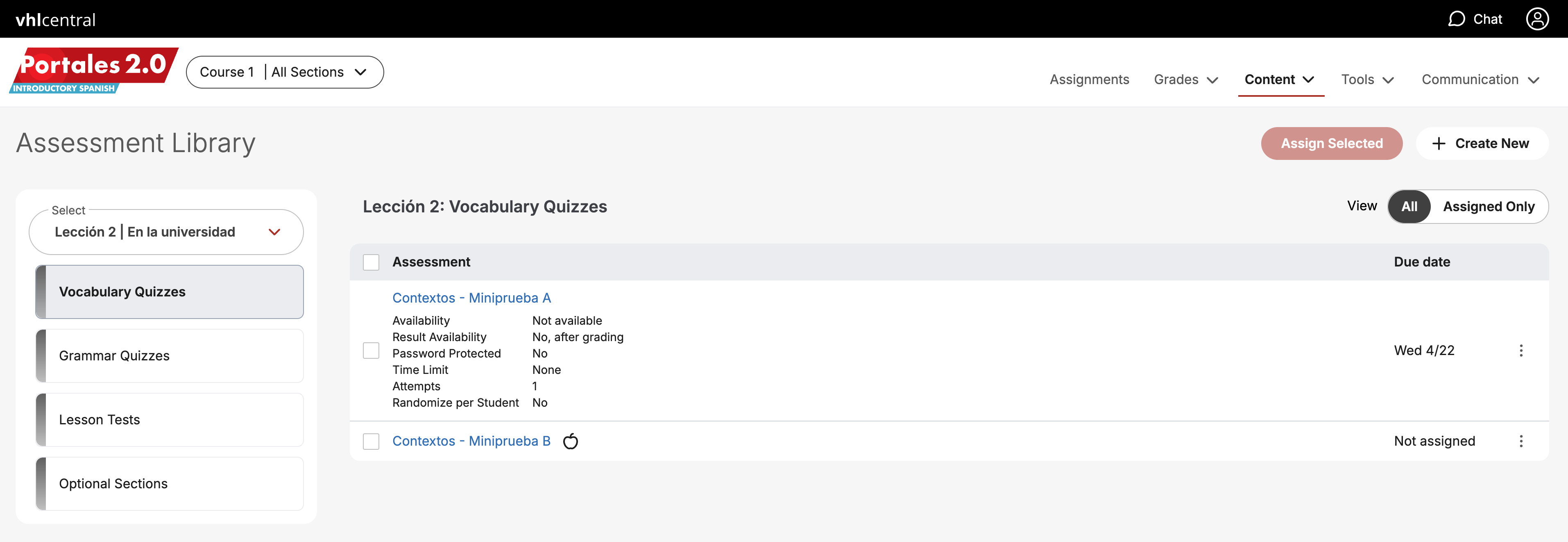Screenshot of the new Assessments Library for Instructors.