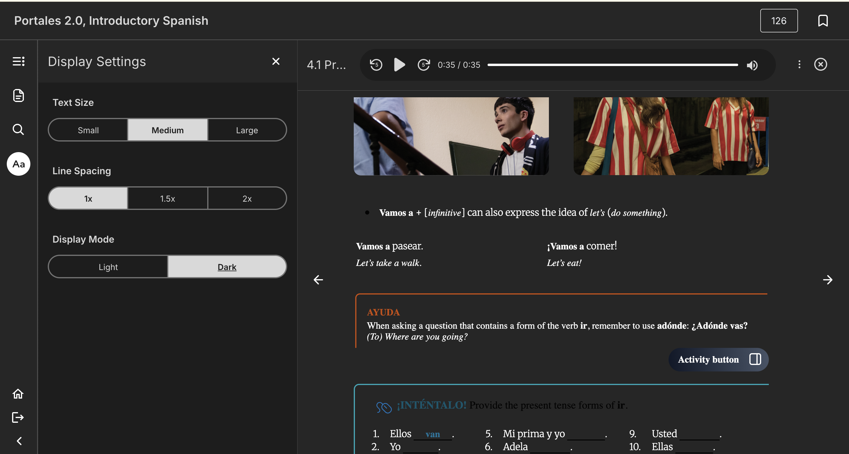 Screenshot of the new vText Display Settings, showing Dark Mode turned on.