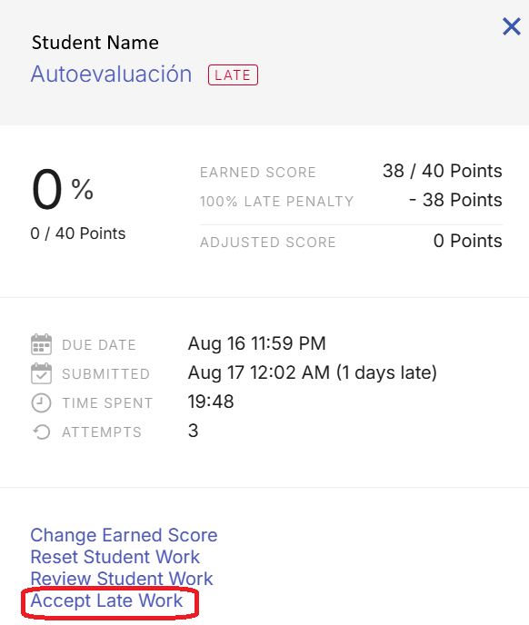 Grade details panel for a student self-assessment labeled "Autoevaluación" with a red "LATE" badge. The assignment received an earned score of 38 out of 40 points, but a 100% late penalty deducted 38 points, resulting in an adjusted score of 0 out of 40 points (0%). Details show a due date of Aug 16 at 11:59 PM, submission on Aug 17 at 12:02 AM (1 day late), time spent of 19:48, and 3 attempts. At the bottom of the panel are links for "Change Earned Score," "Reset Student Work," "Review Student Work," and a highlighted "Accept Late Work" option.