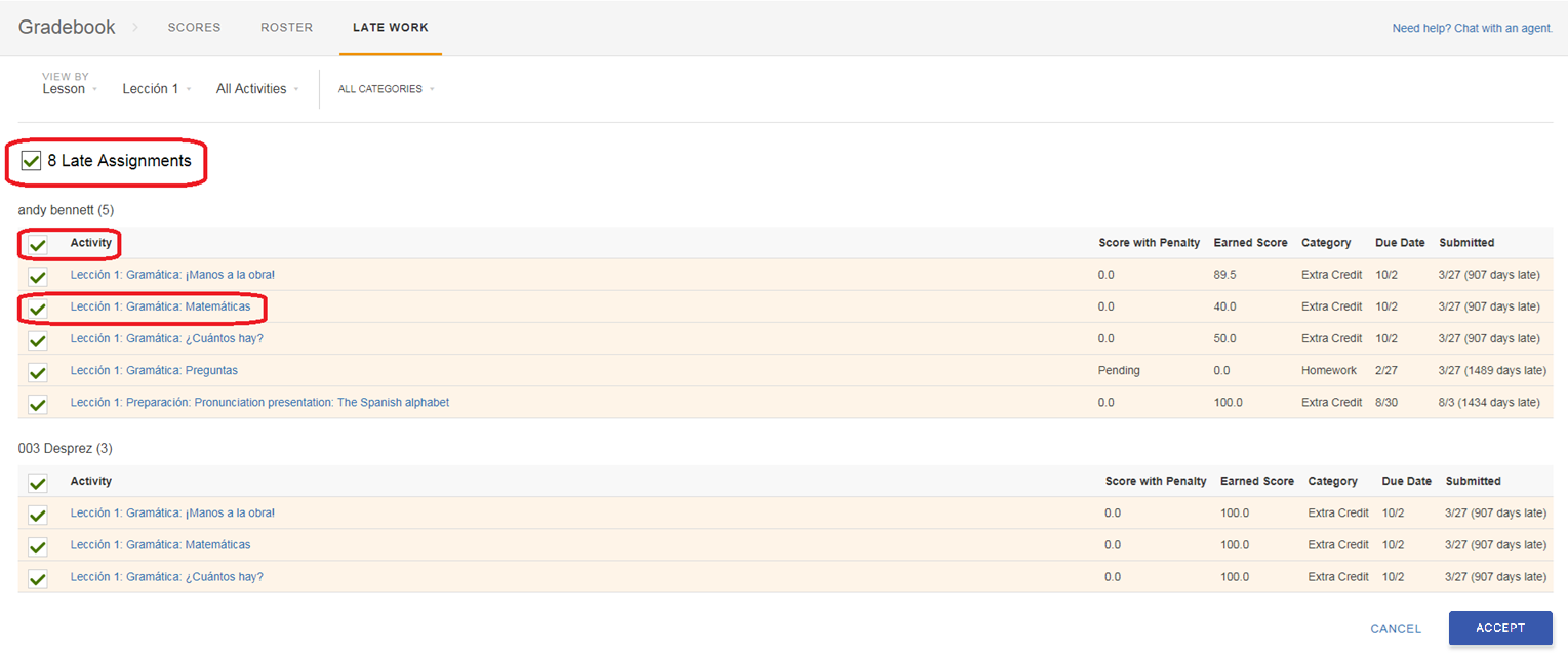 A gradebook interface lists late assignments with scores, due dates, and submission dates, highlighting overdue submissions.