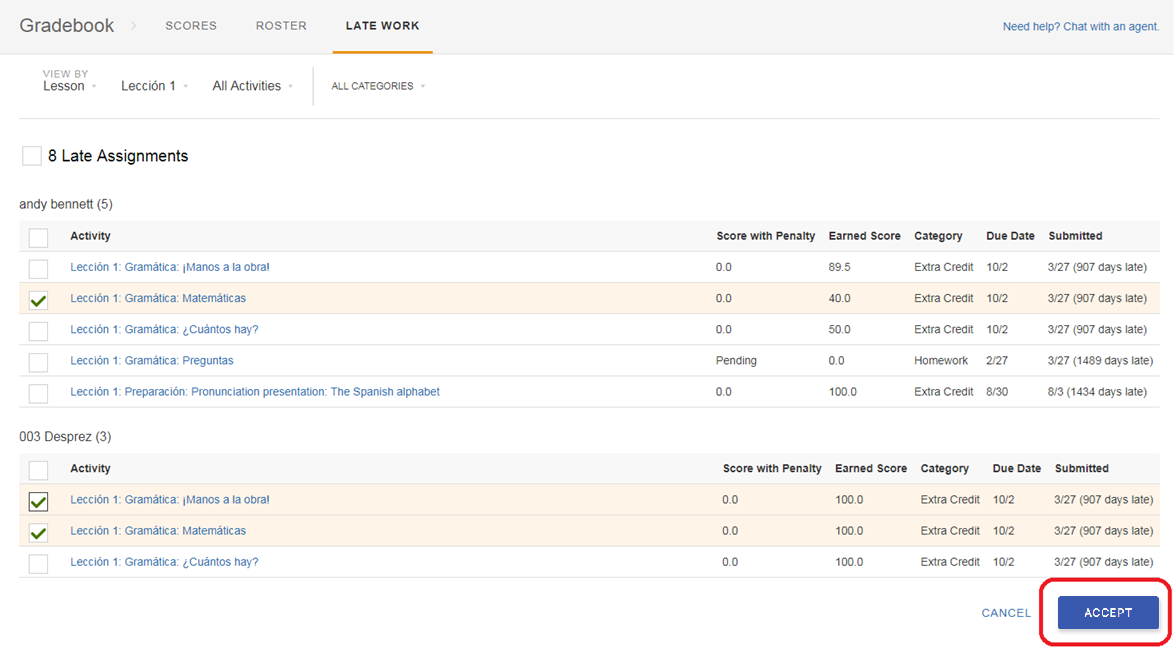 A gradebook interface lists late assignments with scores, penalties, due dates, and submission dates for two students.