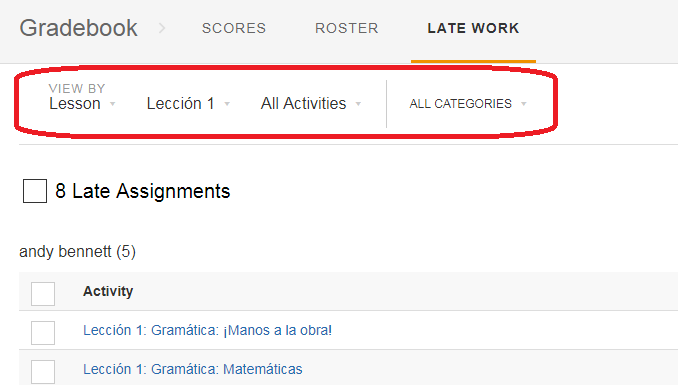 A gradebook interface showing late assignments, activity titles like "Lección 1: Gramática," and a red rectangle with text.