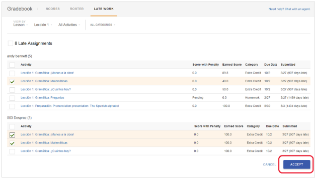 A gradebook interface lists late assignments with scores, penalties, due dates, and submission dates for two students.