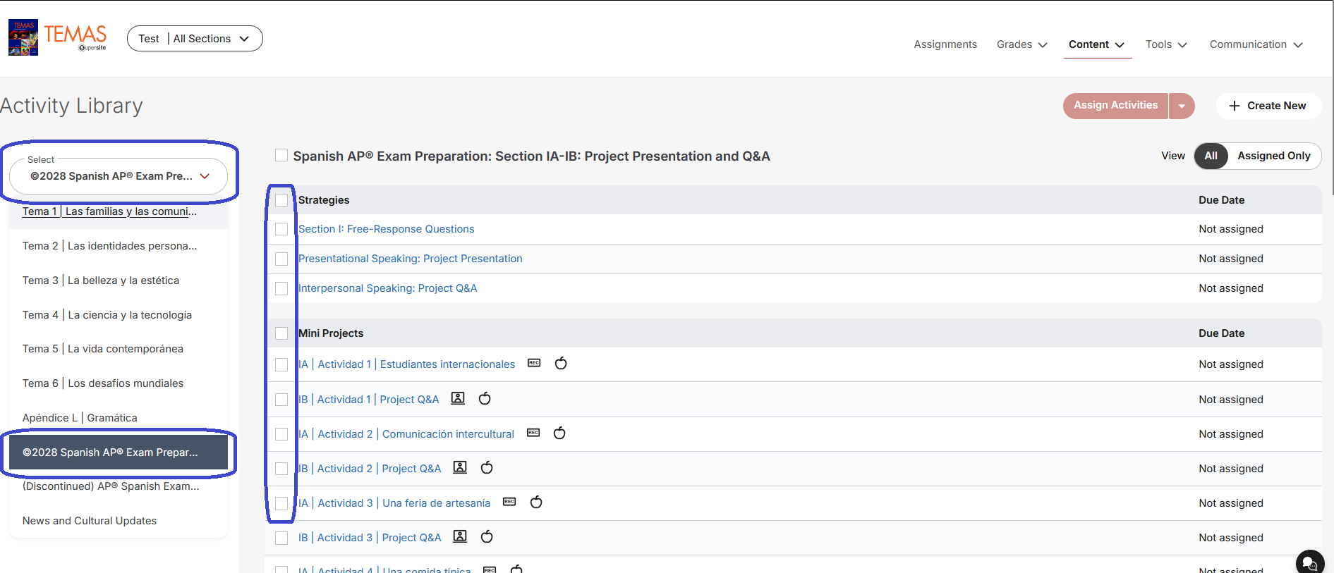 Temas Activity Library with AP Spanish Worktext  menu item selected and loaded in main Content area. Activities in the main content area all have assigning check boxes to their left.