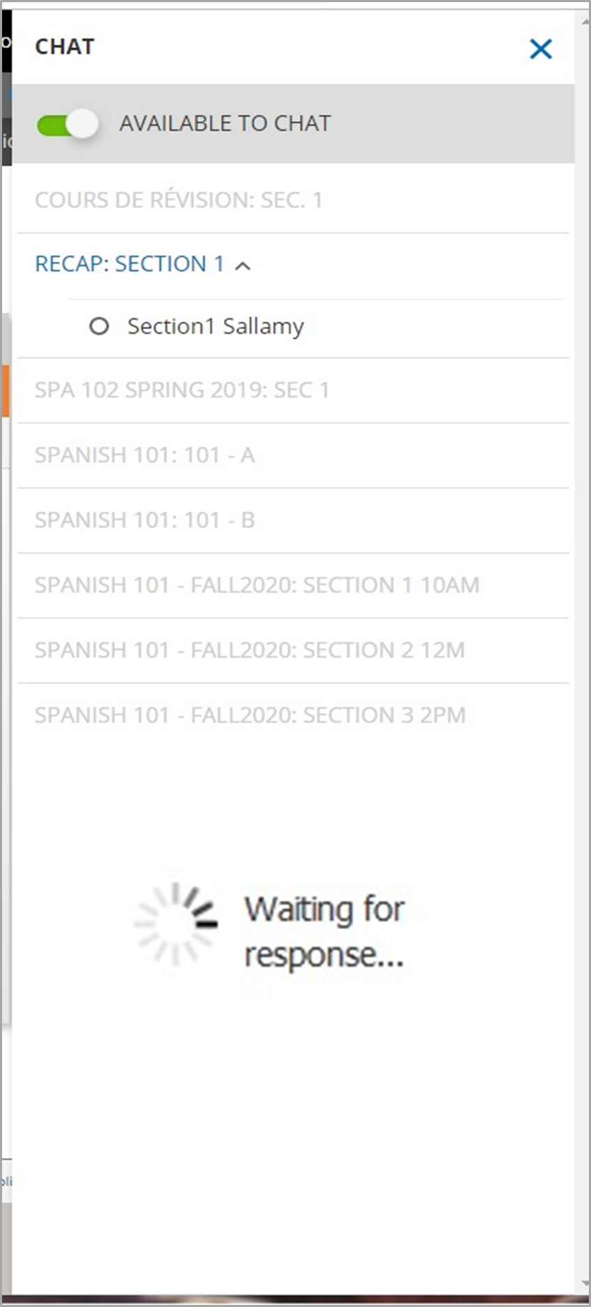 Chat panel displayed within VHL Central. The panel header is labeled “CHAT” and includes a close (X) button in the upper-right corner. An “Available to Chat” toggle is switched on, indicated by a green slider.  Below a loading icon with message that reads "Waiting for response..." is displayed.