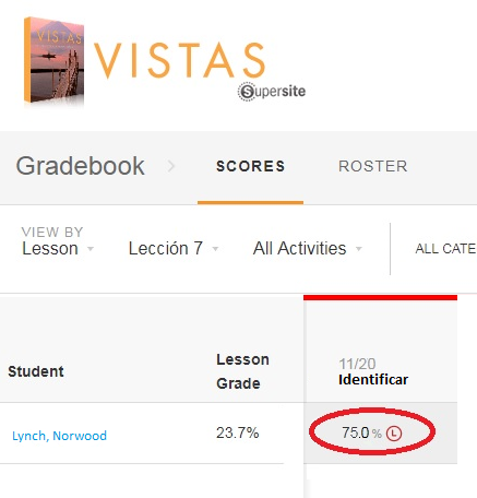 A screenshot shows a gradebook interface listing a student's score as 23.7% for a lesson, with a book cover featuring a plane over a dock.