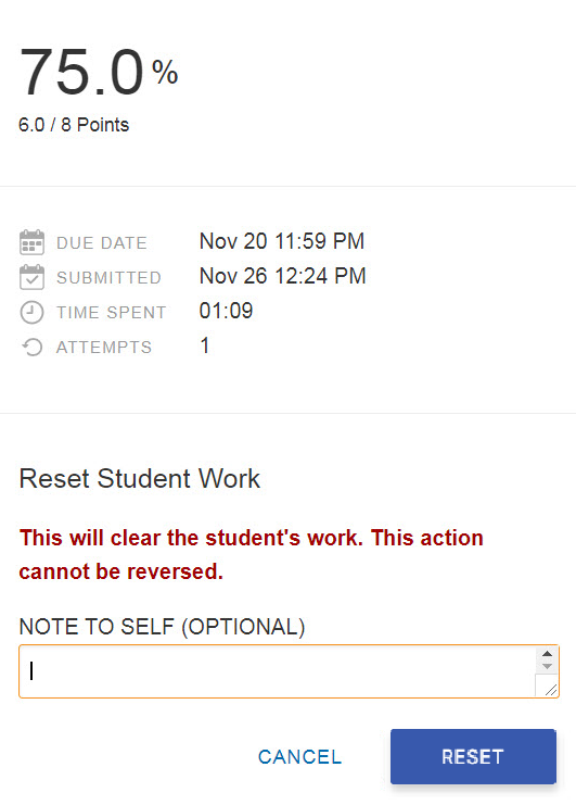 A screenshot displays assignment details, including score, due date, submission time, and reset option with a red warning message.