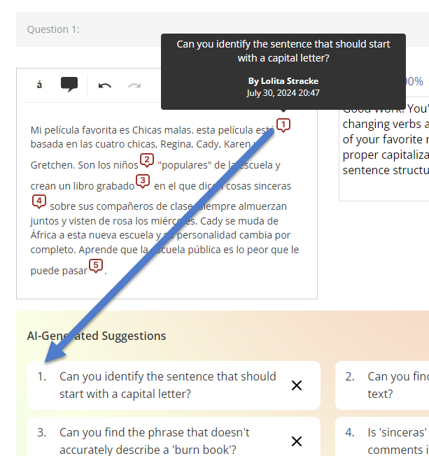Screenshot of a student’s open-ended response with numbered AI-generated feedback markers. A tooltip displays the suggestion, “Can you identify the sentence that should start with a capital letter?” An arrow connects the feedback marker in the response to the corresponding item in the AI-Generated Suggestions section below.